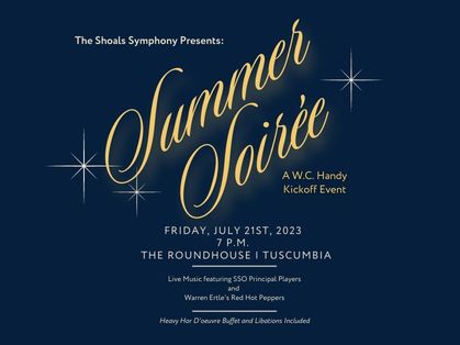 Poster advertising Shoals Symphony at UNA concert, 7 p.m., Friday, July 21, at Tuscumbia Roundhouse.