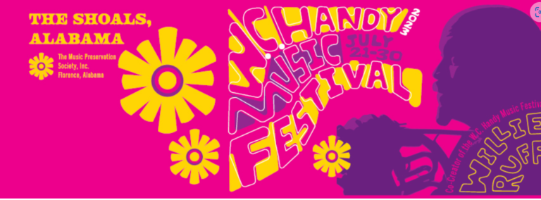 Pink and yellow poster promoting the W. C. Handy Music Festival.