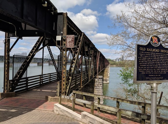 The walkway and signage at the Old Railroad Bridge.